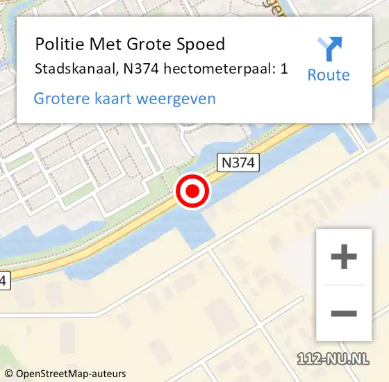 Locatie op kaart van de 112 melding: Politie Met Grote Spoed Naar Stadskanaal, N374 hectometerpaal: 1 op 7 oktober 2024 16:49