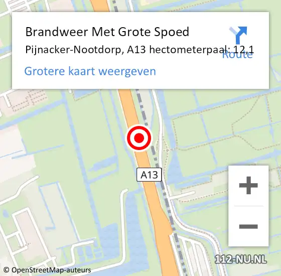 Locatie op kaart van de 112 melding: Brandweer Met Grote Spoed Naar Pijnacker-Nootdorp, A13 hectometerpaal: 12,1 op 7 oktober 2024 17:54