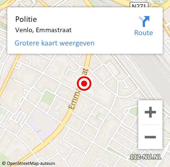 Locatie op kaart van de 112 melding: Politie Venlo, Emmastraat op 7 oktober 2024 18:10