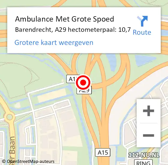 Locatie op kaart van de 112 melding: Ambulance Met Grote Spoed Naar Barendrecht, A29 hectometerpaal: 10,7 op 7 oktober 2024 18:31