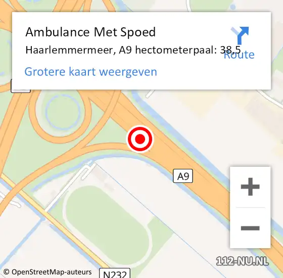 Locatie op kaart van de 112 melding: Ambulance Met Spoed Naar Haarlemmermeer, A9 hectometerpaal: 38,5 op 7 oktober 2024 19:27