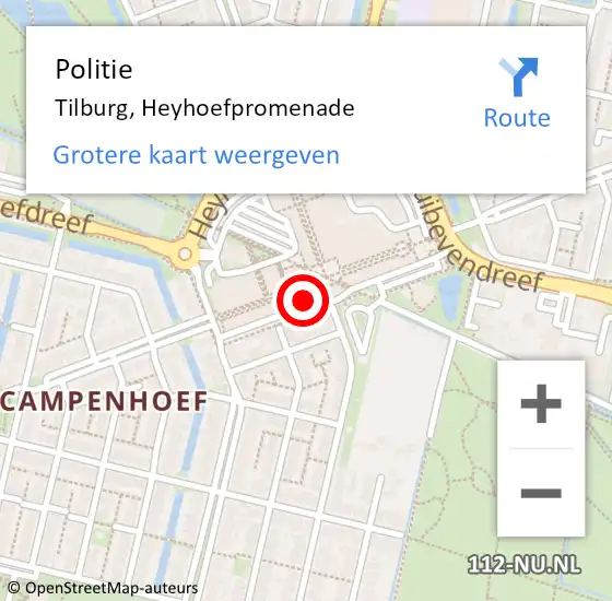 Locatie op kaart van de 112 melding: Politie Tilburg, Heyhoefpromenade op 7 oktober 2024 20:26