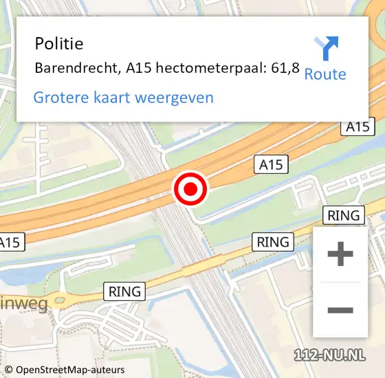 Locatie op kaart van de 112 melding: Politie Barendrecht, A15 hectometerpaal: 61,8 op 7 oktober 2024 22:15