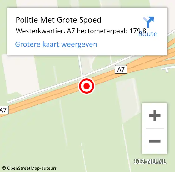 Locatie op kaart van de 112 melding: Politie Met Grote Spoed Naar Westerkwartier, A7 hectometerpaal: 179,8 op 8 oktober 2024 06:44