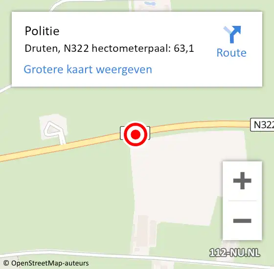 Locatie op kaart van de 112 melding: Politie Druten, N322 hectometerpaal: 63,1 op 8 oktober 2024 07:45