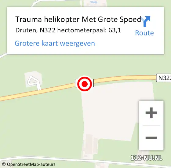 Locatie op kaart van de 112 melding: Trauma helikopter Met Grote Spoed Naar Druten, N322 hectometerpaal: 63,1 op 8 oktober 2024 07:45