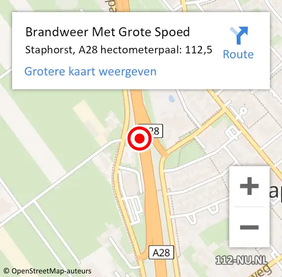 Locatie op kaart van de 112 melding: Brandweer Met Grote Spoed Naar Staphorst, A28 hectometerpaal: 112,5 op 8 oktober 2024 07:52