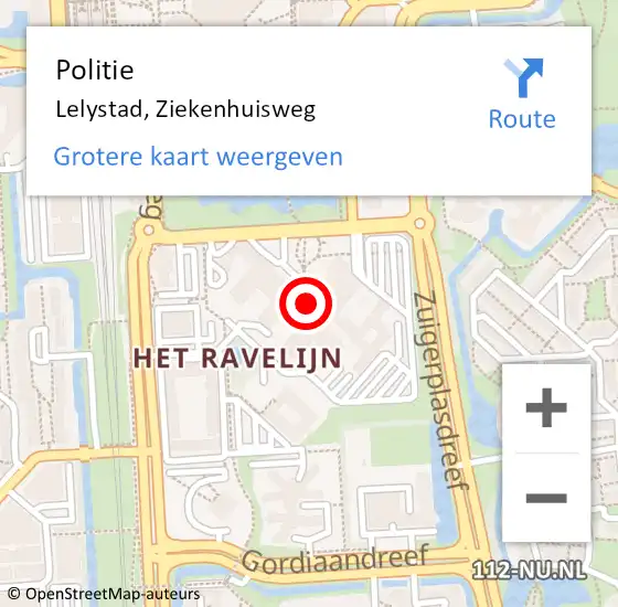 Locatie op kaart van de 112 melding: Politie Lelystad, Ziekenhuisweg op 8 oktober 2024 08:09