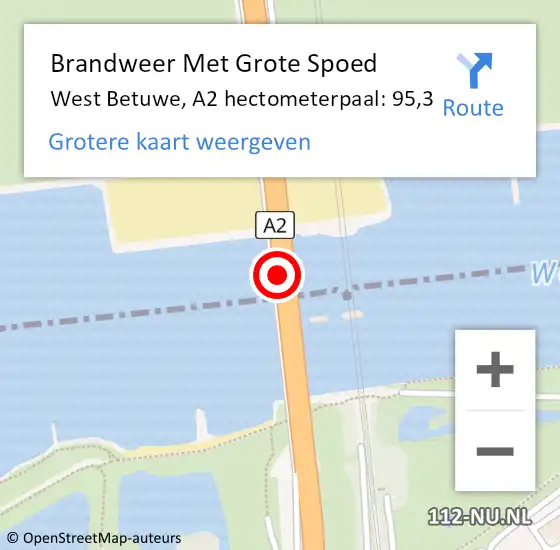 Locatie op kaart van de 112 melding: Brandweer Met Grote Spoed Naar West Betuwe, A2 hectometerpaal: 95,3 op 8 oktober 2024 08:27