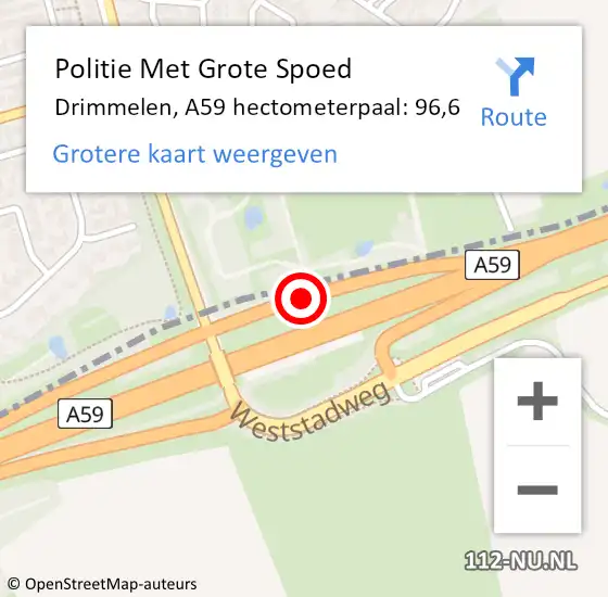 Locatie op kaart van de 112 melding: Politie Met Grote Spoed Naar Drimmelen, A59 hectometerpaal: 96,6 op 8 oktober 2024 08:53