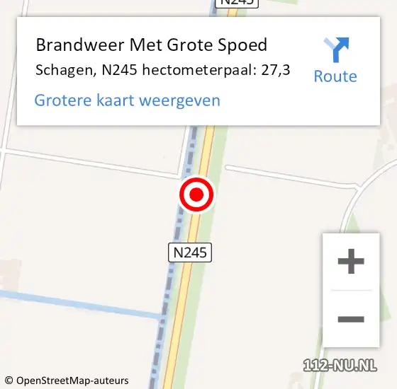 Locatie op kaart van de 112 melding: Brandweer Met Grote Spoed Naar Schagen, N245 hectometerpaal: 27,3 op 8 oktober 2024 09:25