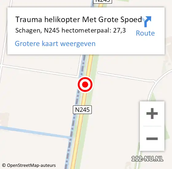 Locatie op kaart van de 112 melding: Trauma helikopter Met Grote Spoed Naar Schagen, N245 hectometerpaal: 27,3 op 8 oktober 2024 09:27