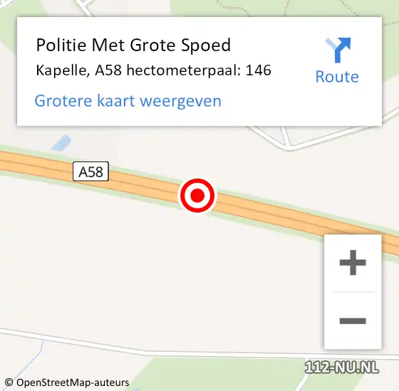 Locatie op kaart van de 112 melding: Politie Met Grote Spoed Naar Kapelle, A58 hectometerpaal: 146 op 8 oktober 2024 09:46