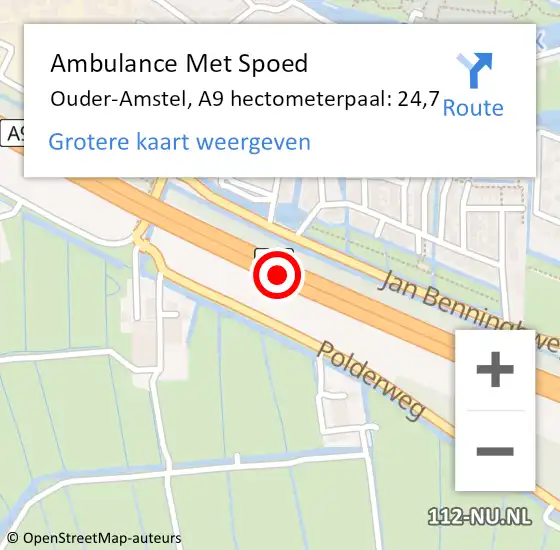 Locatie op kaart van de 112 melding: Ambulance Met Spoed Naar Ouder-Amstel, A9 hectometerpaal: 24,7 op 8 oktober 2024 10:07