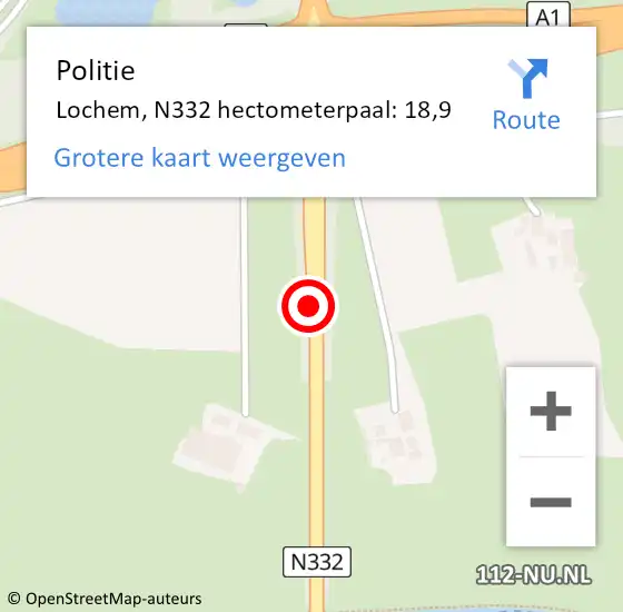 Locatie op kaart van de 112 melding: Politie Lochem, N332 hectometerpaal: 18,9 op 8 oktober 2024 14:01