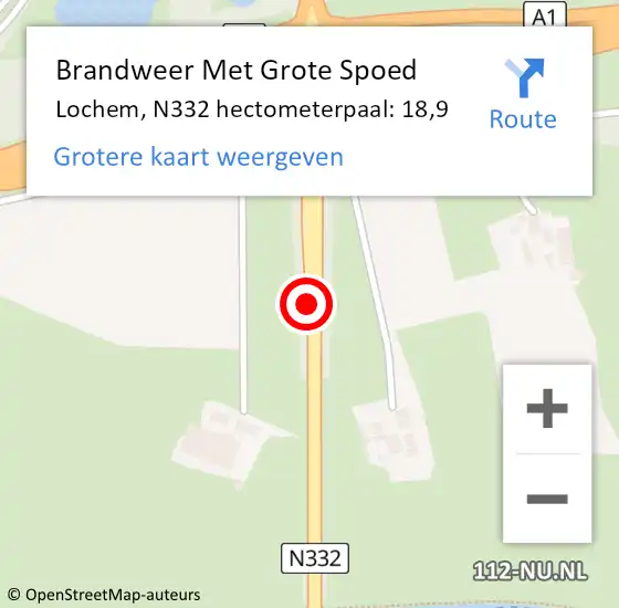 Locatie op kaart van de 112 melding: Brandweer Met Grote Spoed Naar Lochem, N332 hectometerpaal: 18,9 op 8 oktober 2024 14:03