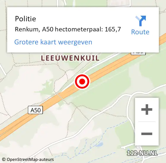 Locatie op kaart van de 112 melding: Politie Renkum, A50 hectometerpaal: 165,7 op 8 oktober 2024 15:35