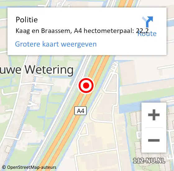 Locatie op kaart van de 112 melding: Politie Kaag en Braassem, A4 hectometerpaal: 22,2 op 8 oktober 2024 16:20