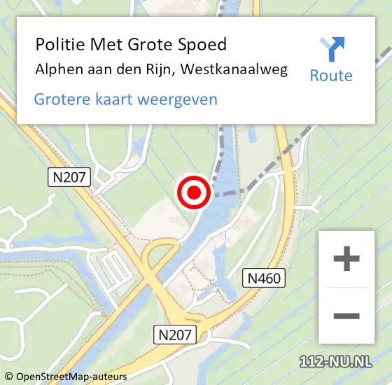 Locatie op kaart van de 112 melding: Politie Met Grote Spoed Naar Alphen aan den Rijn, Westkanaalweg op 8 oktober 2024 16:30