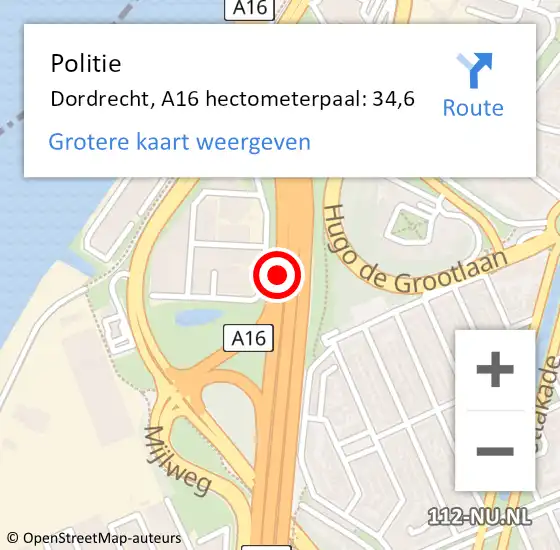 Locatie op kaart van de 112 melding: Politie Dordrecht, A16 hectometerpaal: 34,6 op 8 oktober 2024 17:13