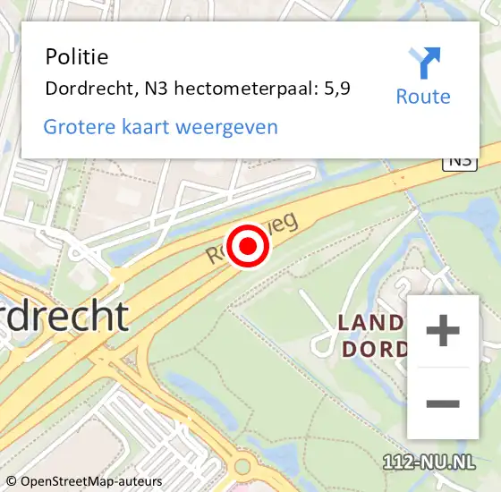 Locatie op kaart van de 112 melding: Politie Dordrecht, N3 hectometerpaal: 5,9 op 8 oktober 2024 17:43