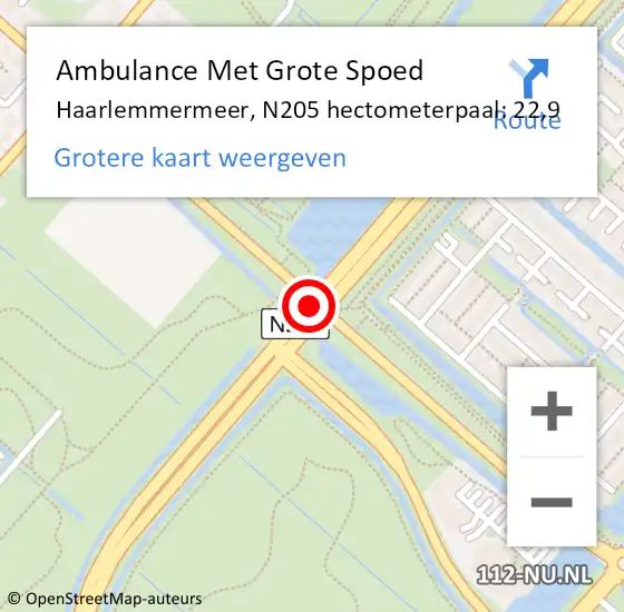 Locatie op kaart van de 112 melding: Ambulance Met Grote Spoed Naar Haarlemmermeer, N205 hectometerpaal: 22,9 op 8 oktober 2024 17:44