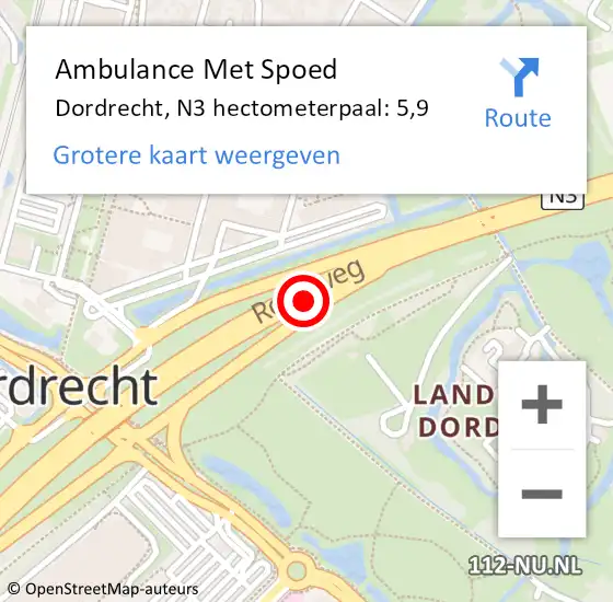 Locatie op kaart van de 112 melding: Ambulance Met Spoed Naar Dordrecht, N3 hectometerpaal: 5,9 op 8 oktober 2024 17:46