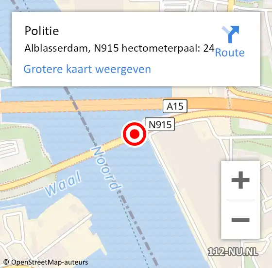 Locatie op kaart van de 112 melding: Politie Alblasserdam, N915 hectometerpaal: 24 op 8 oktober 2024 18:20