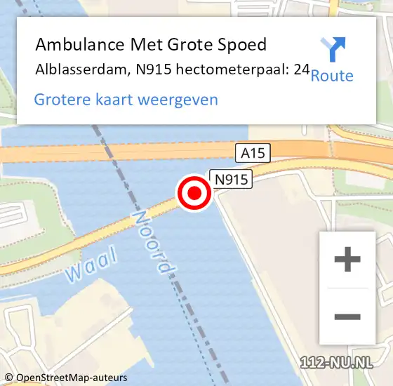 Locatie op kaart van de 112 melding: Ambulance Met Grote Spoed Naar Alblasserdam, N915 hectometerpaal: 24 op 8 oktober 2024 18:23