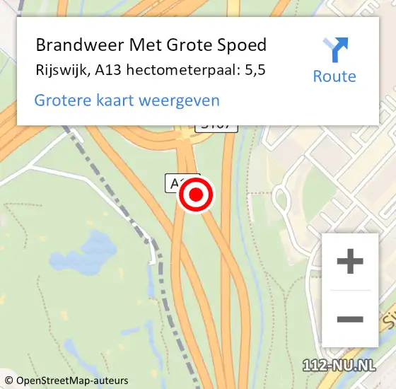 Locatie op kaart van de 112 melding: Brandweer Met Grote Spoed Naar Rijswijk, A13 hectometerpaal: 5,5 op 8 oktober 2024 20:14