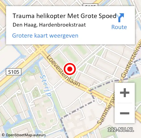 Locatie op kaart van de 112 melding: Trauma helikopter Met Grote Spoed Naar Den Haag, Hardenbroekstraat op 8 oktober 2024 22:01