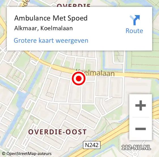 Locatie op kaart van de 112 melding: Ambulance Met Spoed Naar Alkmaar, Koelmalaan op 8 oktober 2024 22:34