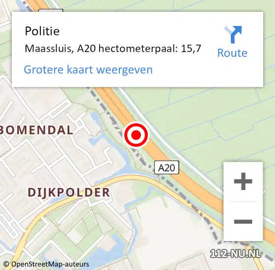 Locatie op kaart van de 112 melding: Politie Maassluis, A20 hectometerpaal: 15,7 op 9 oktober 2024 00:20