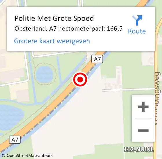 Locatie op kaart van de 112 melding: Politie Met Grote Spoed Naar Opsterland, A7 hectometerpaal: 166,5 op 9 oktober 2024 01:16