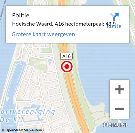 Locatie op kaart van de 112 melding: Politie Hoeksche Waard, A16 hectometerpaal: 43,9 op 9 oktober 2024 03:44