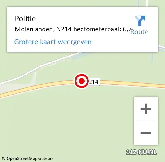 Locatie op kaart van de 112 melding: Politie Molenlanden, N214 hectometerpaal: 6,7 op 9 oktober 2024 04:21