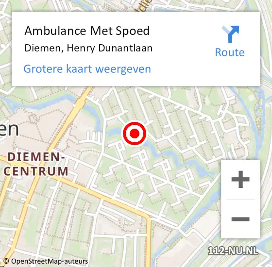 Locatie op kaart van de 112 melding: Ambulance Met Spoed Naar Diemen, Henry Dunantlaan op 9 oktober 2024 05:37