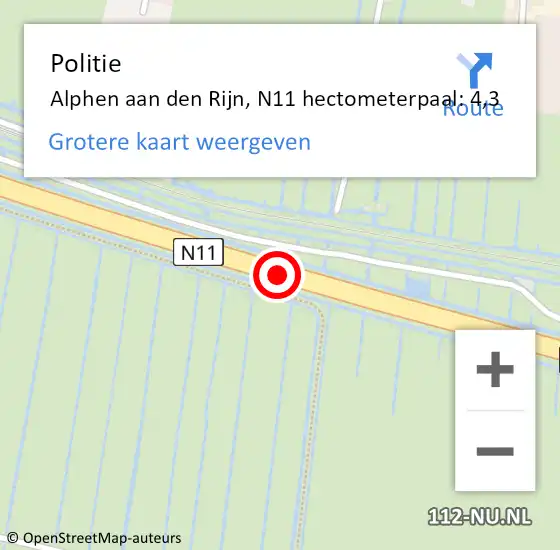 Locatie op kaart van de 112 melding: Politie Alphen aan den Rijn, N11 hectometerpaal: 4,3 op 9 oktober 2024 06:52