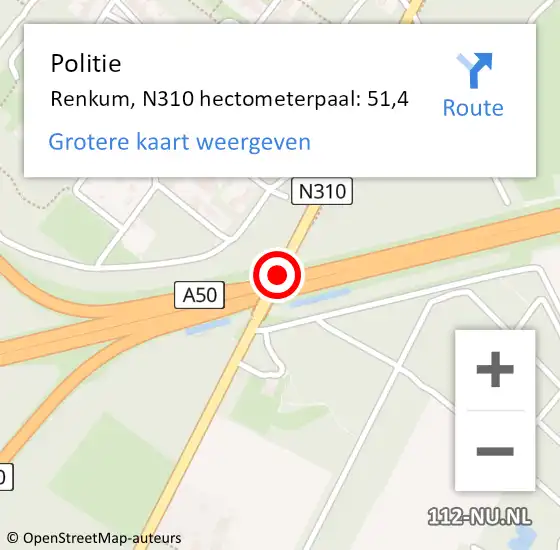 Locatie op kaart van de 112 melding: Politie Renkum, N310 hectometerpaal: 51,4 op 9 oktober 2024 07:28