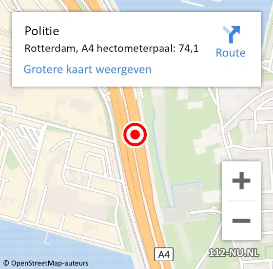 Locatie op kaart van de 112 melding: Politie Rotterdam, A4 hectometerpaal: 74,1 op 9 oktober 2024 07:59