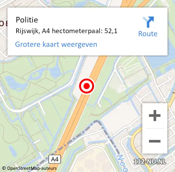 Locatie op kaart van de 112 melding: Politie Rijswijk, A4 hectometerpaal: 52,1 op 9 oktober 2024 08:04