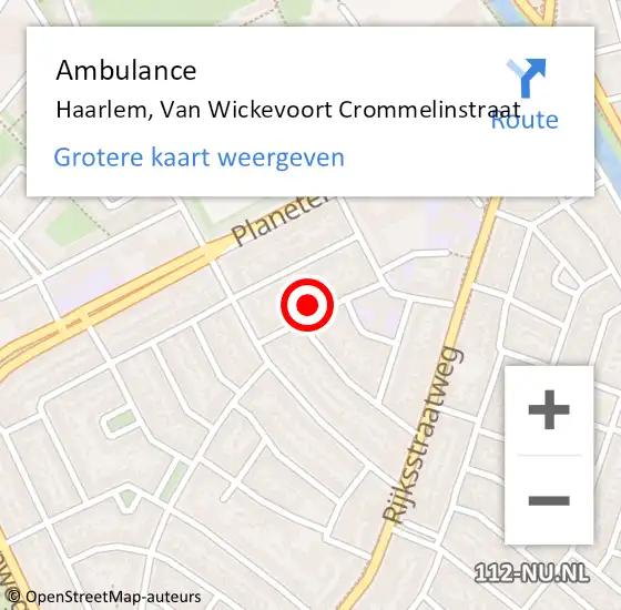 Locatie op kaart van de 112 melding: Ambulance Haarlem, Van Wickevoort Crommelinstraat op 9 oktober 2024 08:40