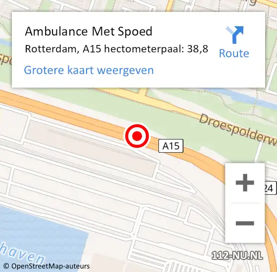 Locatie op kaart van de 112 melding: Ambulance Met Spoed Naar Rotterdam, A15 hectometerpaal: 38,8 op 9 oktober 2024 09:14