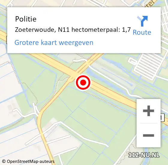 Locatie op kaart van de 112 melding: Politie Zoeterwoude, N11 hectometerpaal: 1,7 op 9 oktober 2024 09:15