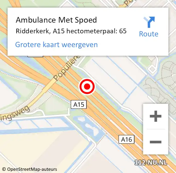 Locatie op kaart van de 112 melding: Ambulance Met Spoed Naar Ridderkerk, A15 hectometerpaal: 65 op 9 oktober 2024 09:46