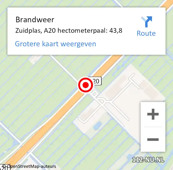 Locatie op kaart van de 112 melding: Brandweer Zuidplas, A20 hectometerpaal: 43,8 op 9 oktober 2024 09:55