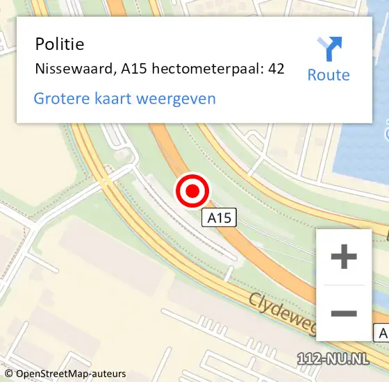 Locatie op kaart van de 112 melding: Politie Nissewaard, A15 hectometerpaal: 42 op 9 oktober 2024 11:12