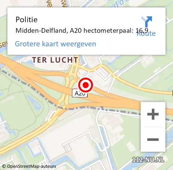 Locatie op kaart van de 112 melding: Politie Midden-Delfland, A20 hectometerpaal: 16,9 op 9 oktober 2024 13:26