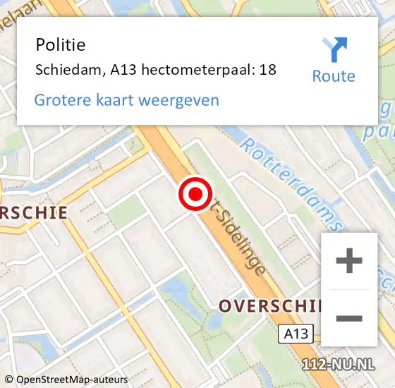 Locatie op kaart van de 112 melding: Politie Schiedam, A13 hectometerpaal: 18 op 9 oktober 2024 14:52