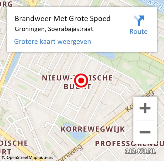 Locatie op kaart van de 112 melding: Brandweer Met Grote Spoed Naar Groningen, Soerabajastraat op 9 oktober 2024 14:56